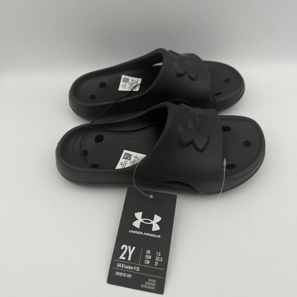 UA‎ Locker V SL Youth kids Sz 2Y Black Slide Sandals New